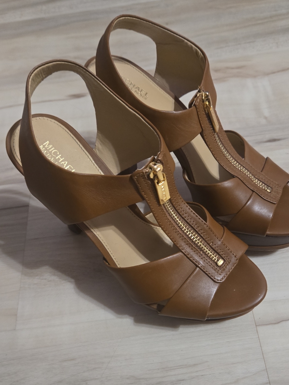 Michael Kors Tan Brown Leather Zip-Front Slingback Heels